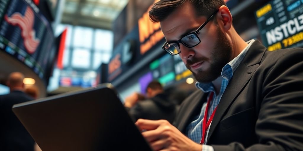 Trader analyzing market data in a busy trading room.