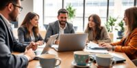 Business professionals collaborating in a modern office setting.