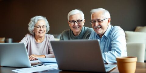 Older couple reviewing finances together at a table.