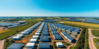 Aerial view of energy storage facility with solar panels.