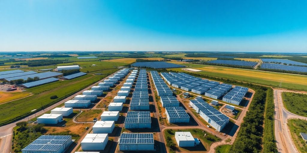 Aerial view of energy storage facility with solar panels.