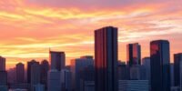 Vibrant sunset over a modern city skyline.