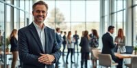 CEO in modern office engaging with team members.