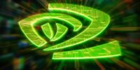 Nvidia logo with dynamic light effects and blurred background.