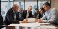 Executive team discussing financial results in a boardroom.