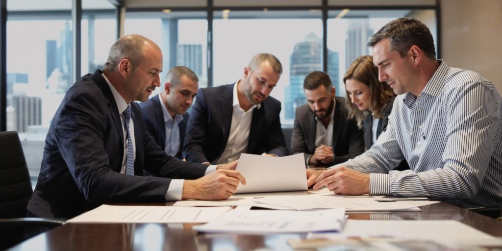 Executive team discussing financial results in a boardroom.