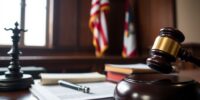 Courtroom with gavel and legal books, American flag.