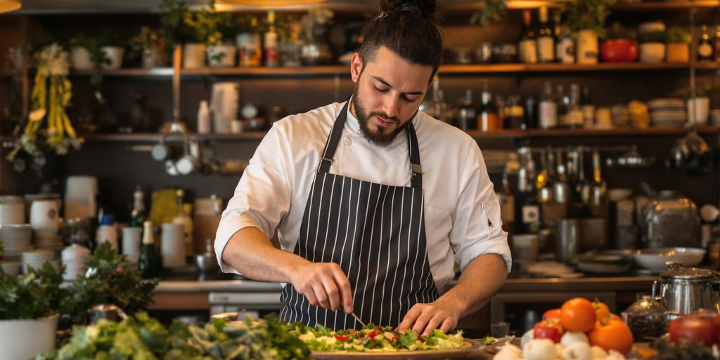 Chef cooking in a colorful kitchen filled with ingredients.