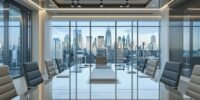 Conference room with city view for financial discussions.