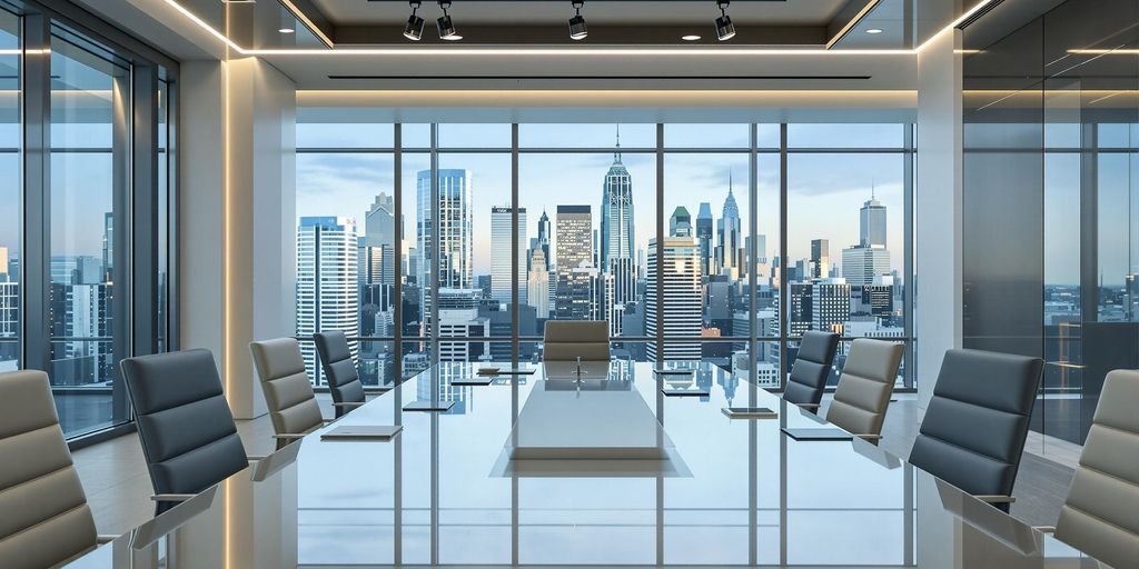 Conference room with city view for financial discussions.