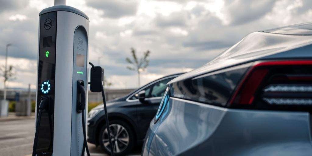 Electric vehicle charging station with a parked car.