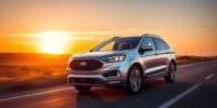 Ford vehicle driving on a picturesque road at sunset.