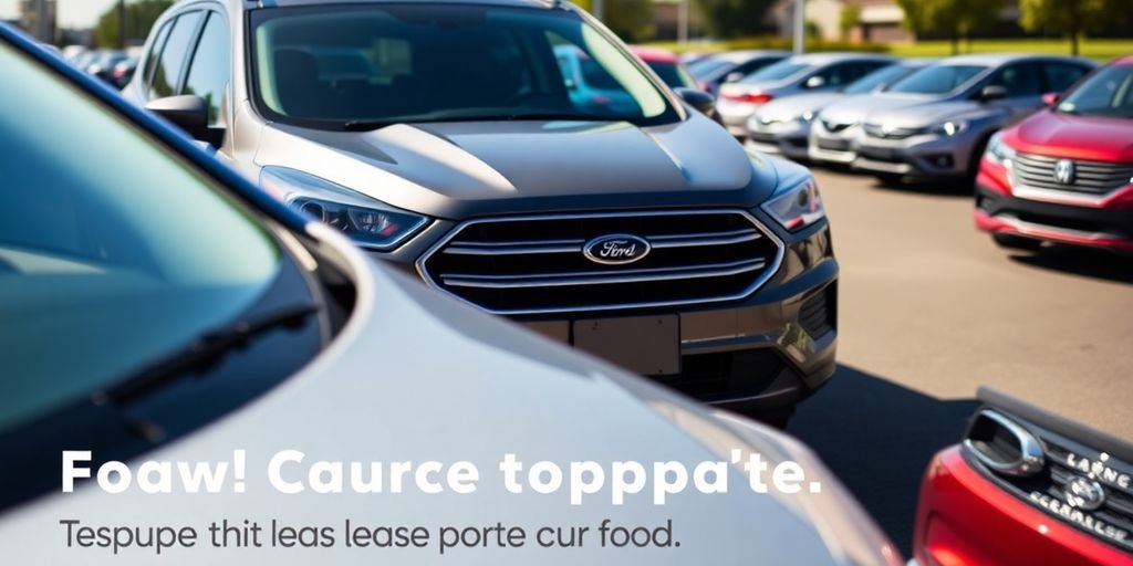 Ford vehicles in a leasing lot on a sunny day.