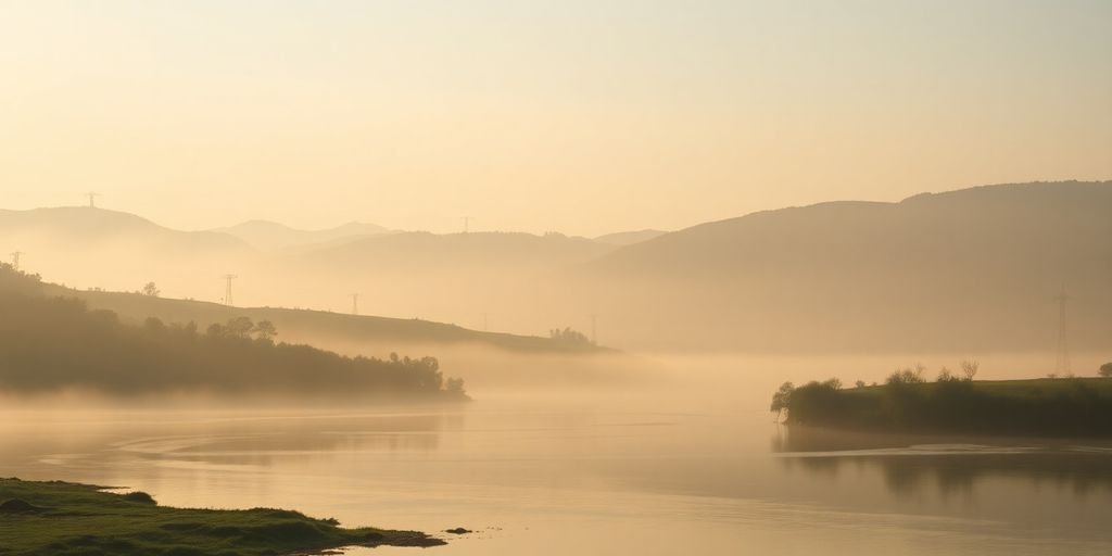 Tranquil landscape with hills and calm river in morning light.