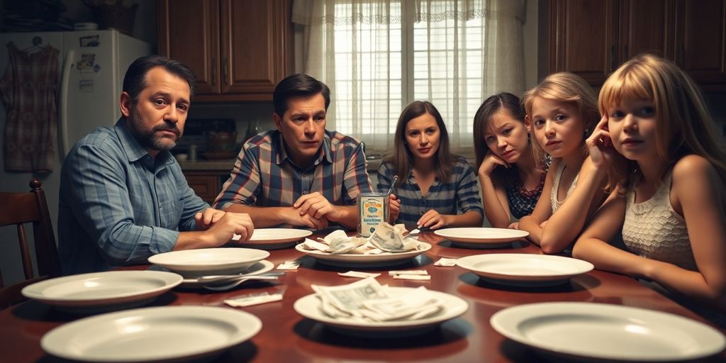 Worried family at table with bills and empty plates.