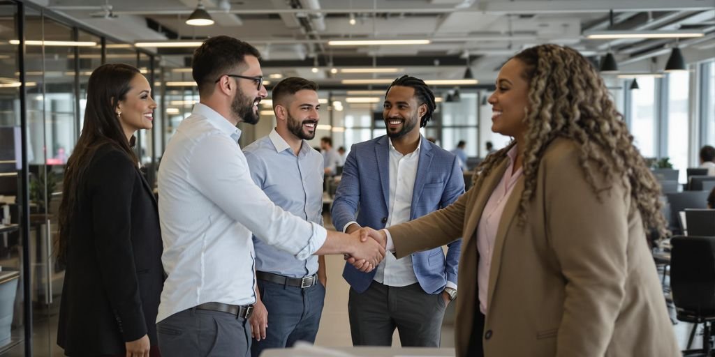 Business team celebrating acquisition in modern office setting.