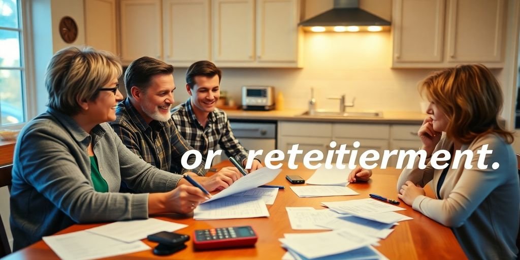 Family discussing retirement savings at kitchen table.
