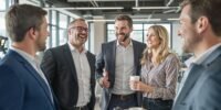 Business team celebrating success in a modern office.