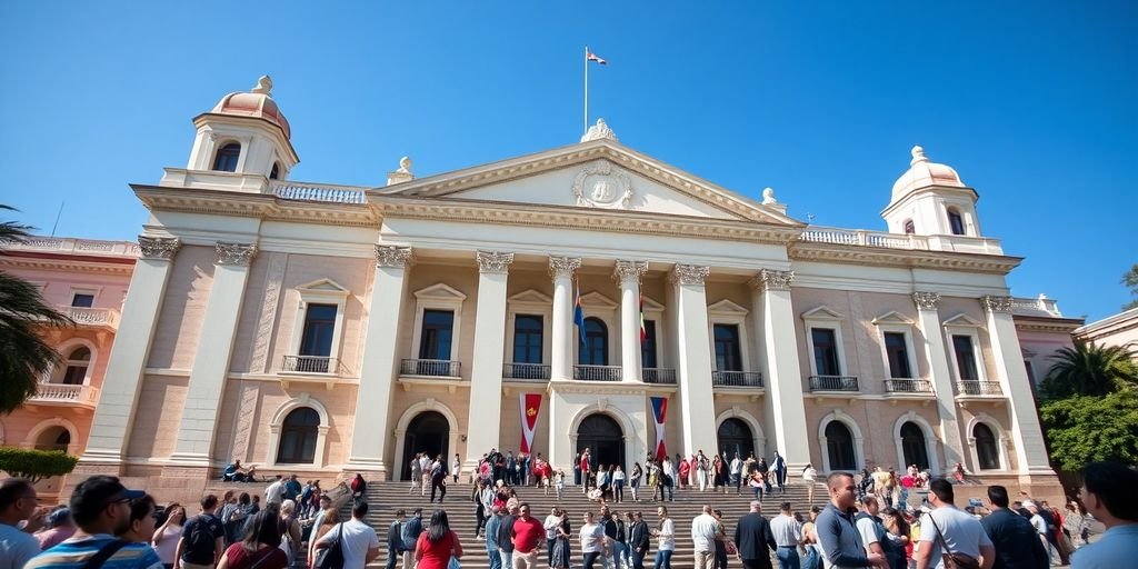 El Salvador Congress building with people gathered outside.