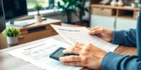 Financial professional analyzing real estate documents at a desk.