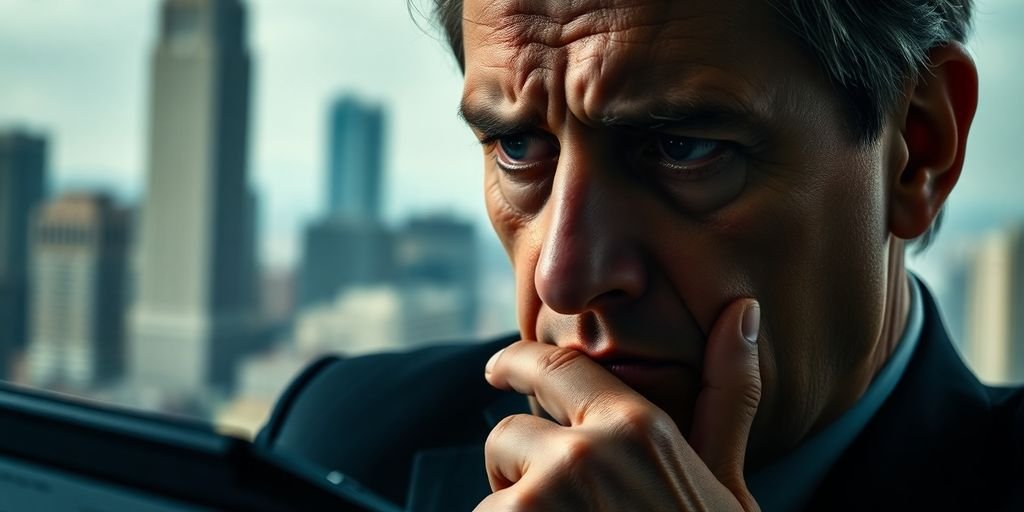 Worried Federal Reserve official with financial documents and city skyline.