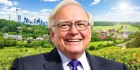 Warren Buffett smiling with vibrant American landscapes behind him.