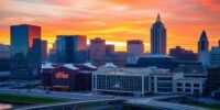 Cincinnati skyline at sunset with modern buildings.
