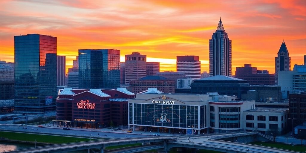 Cincinnati skyline at sunset with modern buildings.