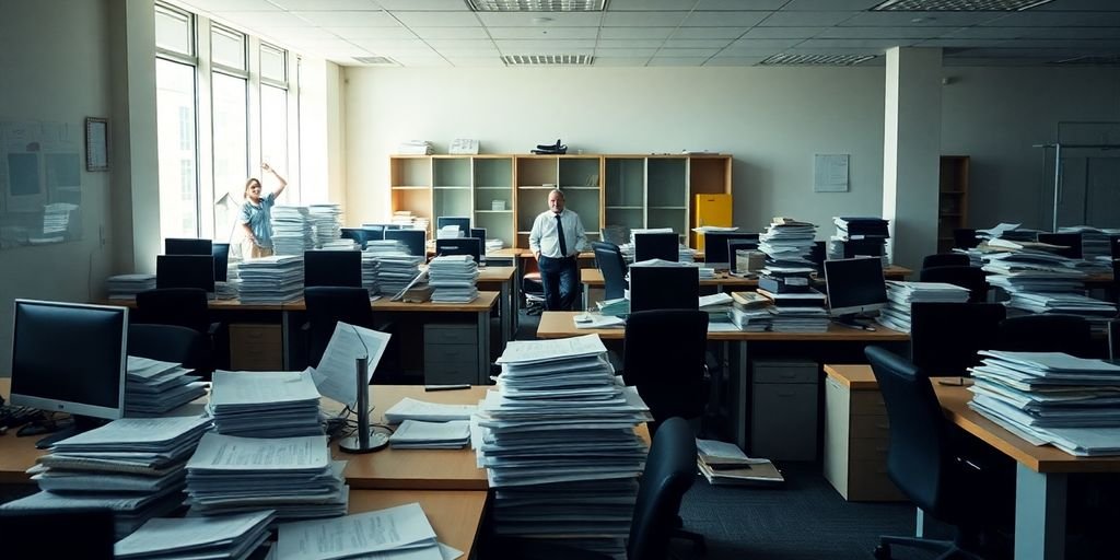 Empty desks in a disorganized office environment.
