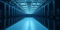 Modern data center with rows of illuminated servers.