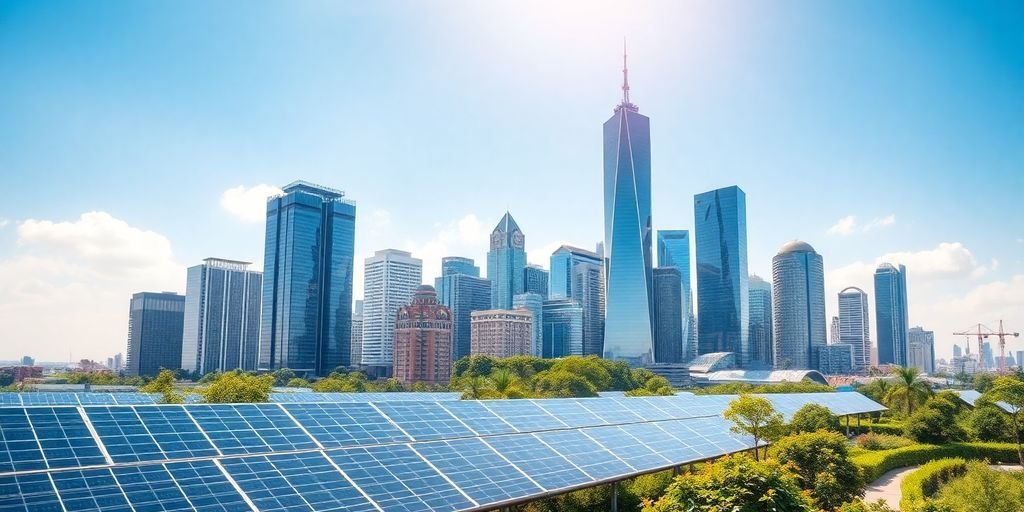 Urban skyline with green spaces and solar panels.