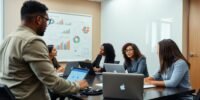 Diverse professionals in a modern office meeting setting.