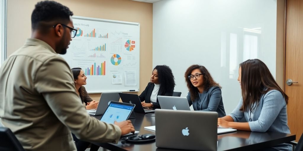 Diverse professionals in a modern office meeting setting.
