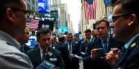 Traders on Wall Street reacting to market news and tension.