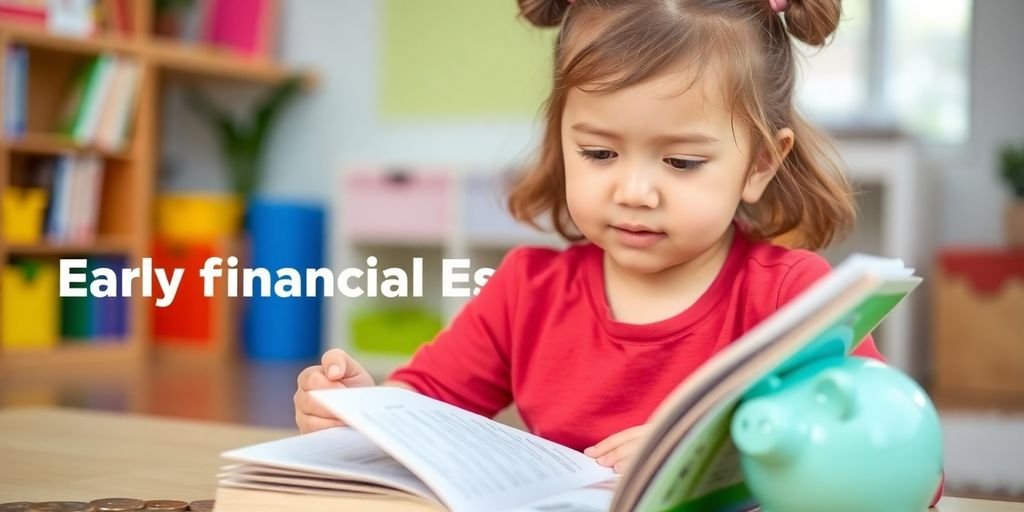 Child reading about finance with coins and piggy bank.