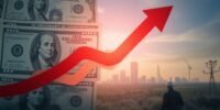 Downward arrow with US dollar bills and job seekers.