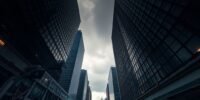 City skyline under cloudy skies, conveying economic uncertainty.